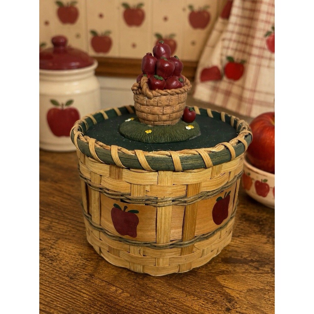 Vintage Apple Basket Cookie Jar Canister Woven Wood Country Cottage Decor Box